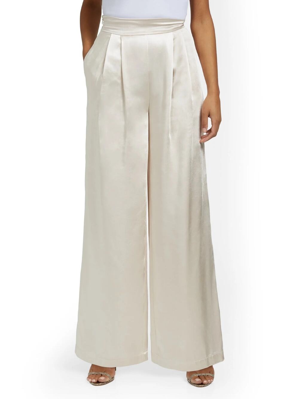 Lena Satin Pants High Waist Pleated Wide Leg Oyster Pearl Womens Size Small